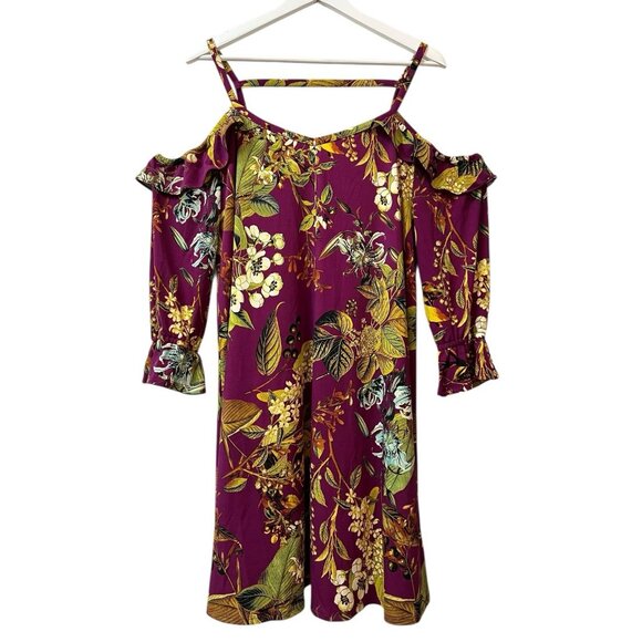 Du Jour Dresses & Skirts - Du Jour Cold Shoulder Dress Floral Purple Raspberry Ruffle 3/4 Sleeve Size Large